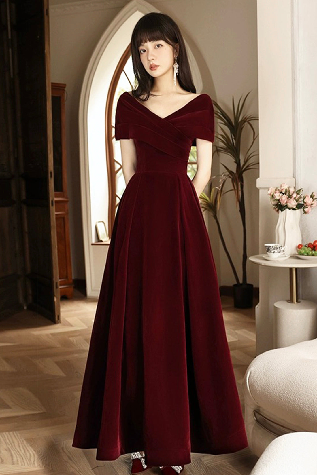 Burgundy V-Neck Velvet Floor Length Prom Dress, Off the Shoulder Evening Party Dress