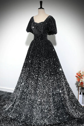 Sparkle A-Line Prom Dress, Black and Silver Ombre Sequins Evening Dress