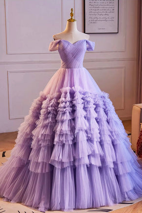 Purple Off the Shoulder Tiered Ruffles Long Ball Grown Prom Formal Party Dresses