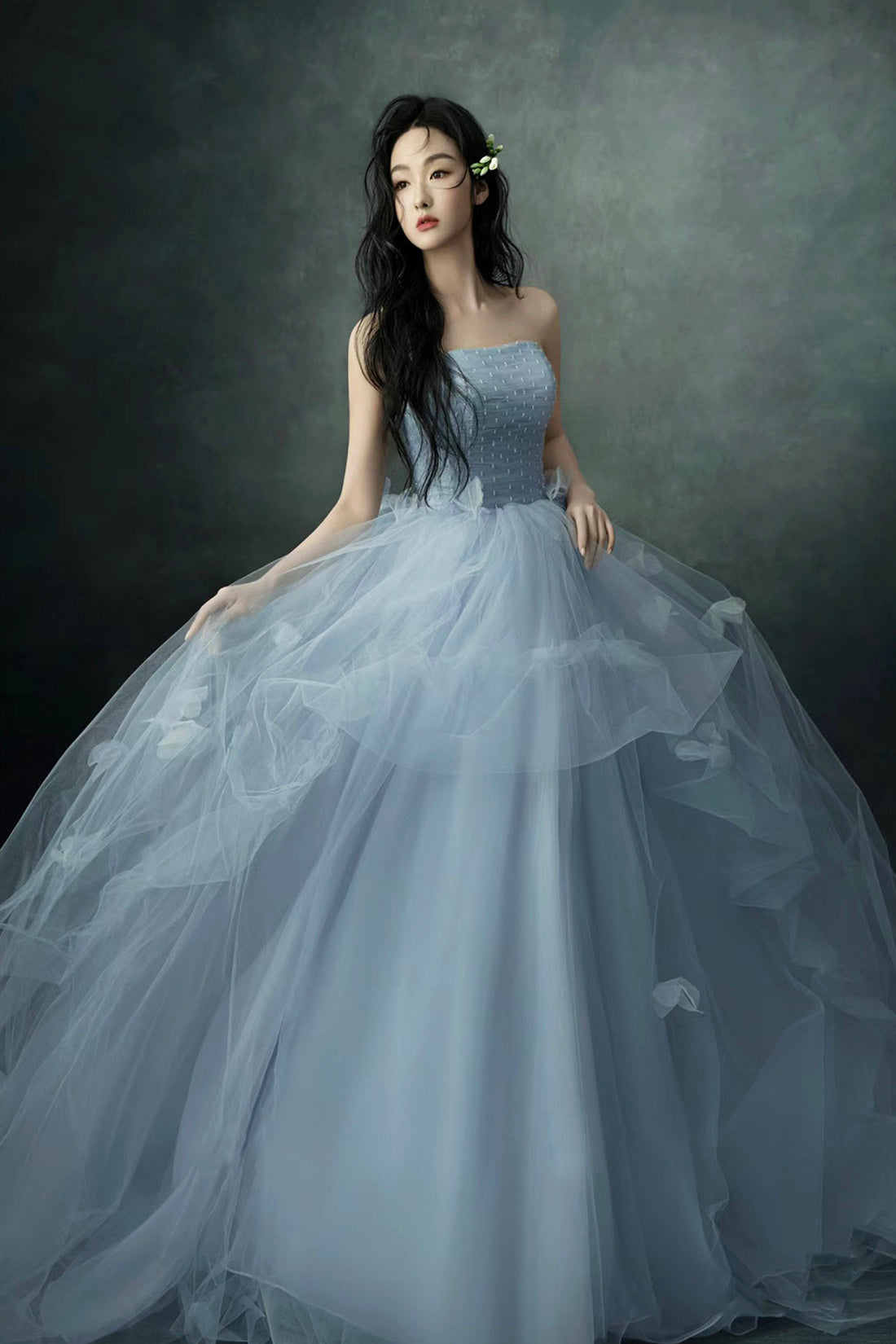 Gray Blue Strapless Tulle Long Prom Dress, Beautiful A-Line Evening Party Dress