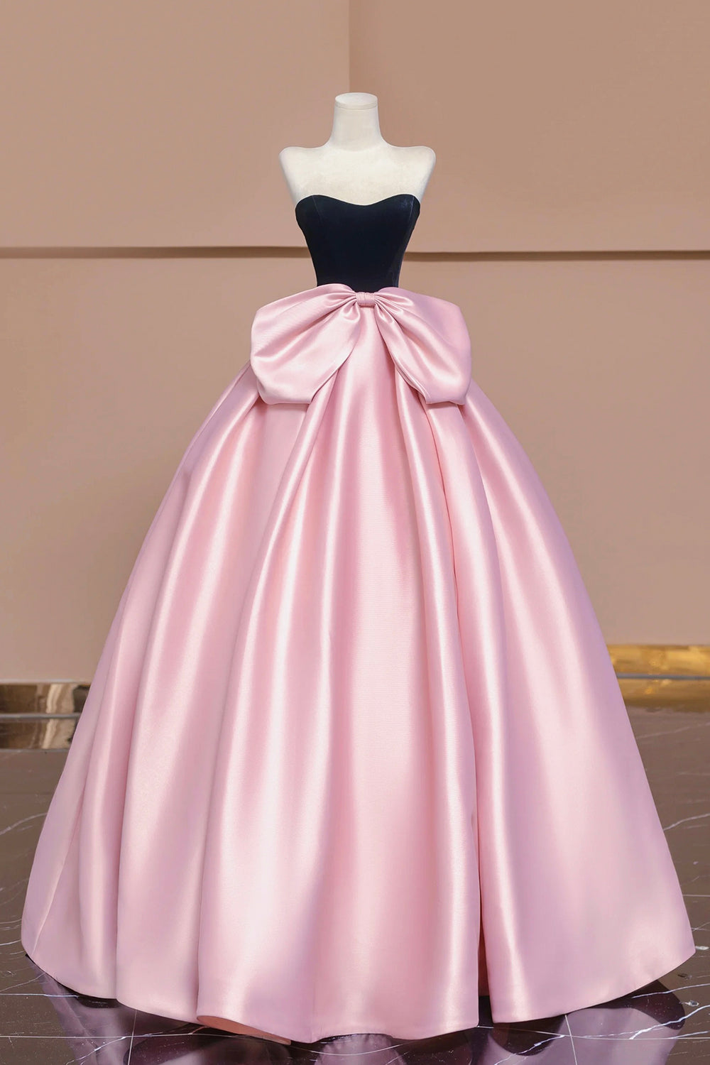 Black Velvet and Pink Satin Long Prom Dress, Beautiful A-Line Evening Party Dress with Bow main image 0