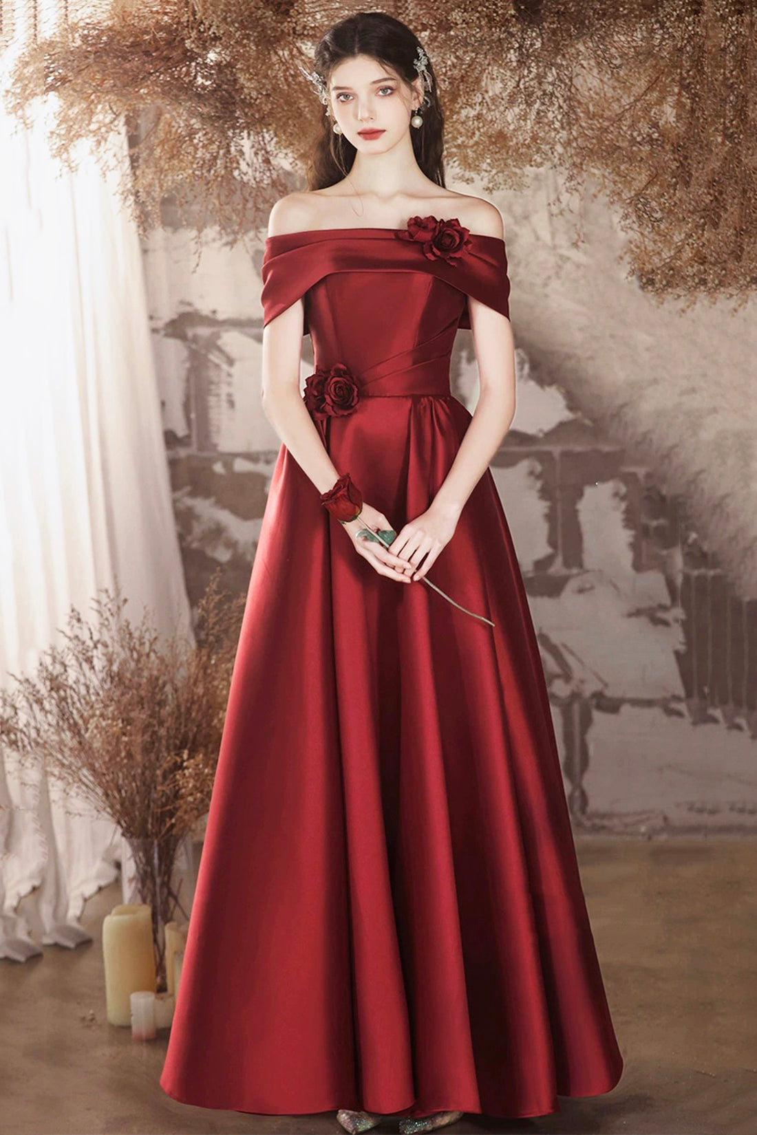 Burgundy Satin Long A-Line Prom Dress, Off the Shoulder Evening Party Dress