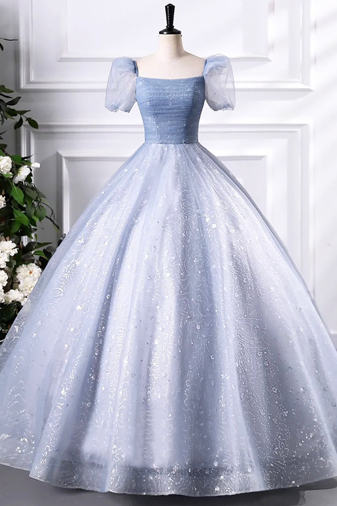 Blue Tulle Sequins Floor Length Prom Dress, Elegant Short Sleeve Evening Party Dress