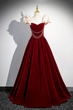 A-Line Velvet Floor Length Prom Dress, Burgundy Off the Shoulder Evening Party Dress