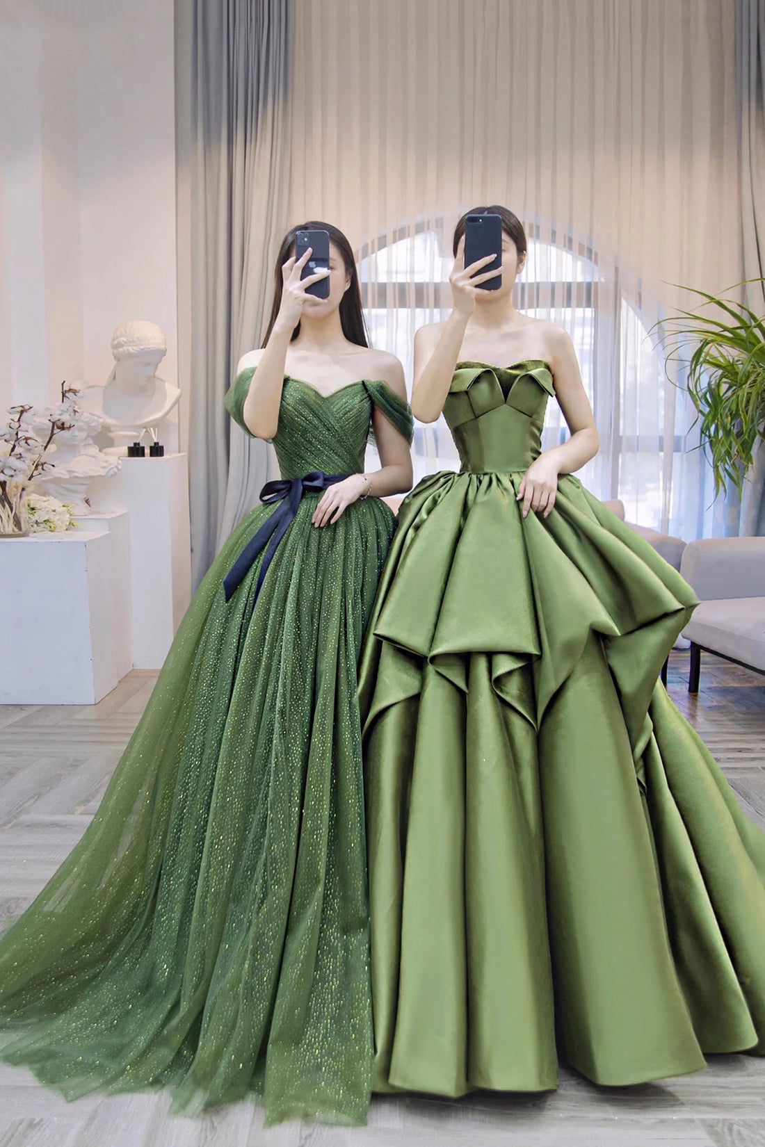 Shiny Tulle Off Shoulder Long Prom Dress, Green Evening Party Dress