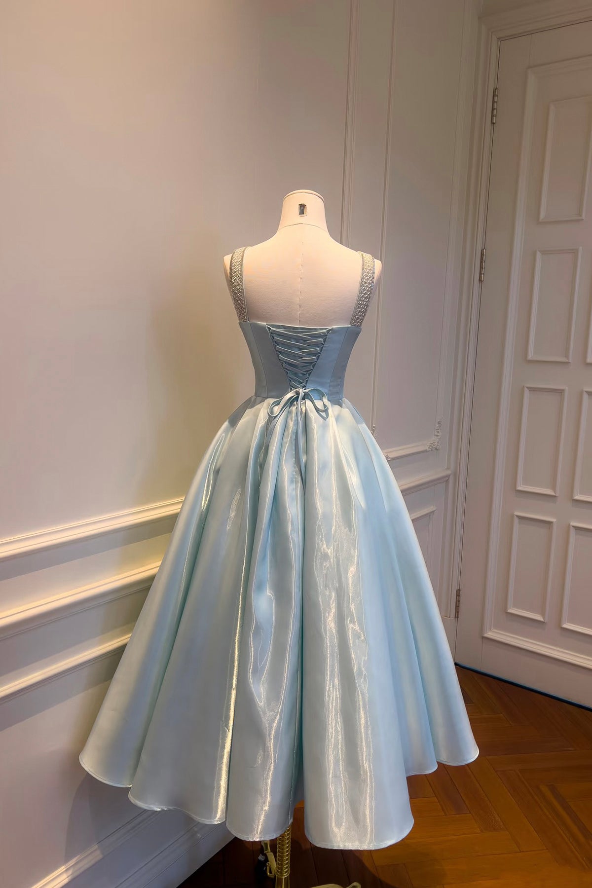 Luxe Light Blue Satin Ball Gown – Beaded Spaghetti Strap Formal Dress