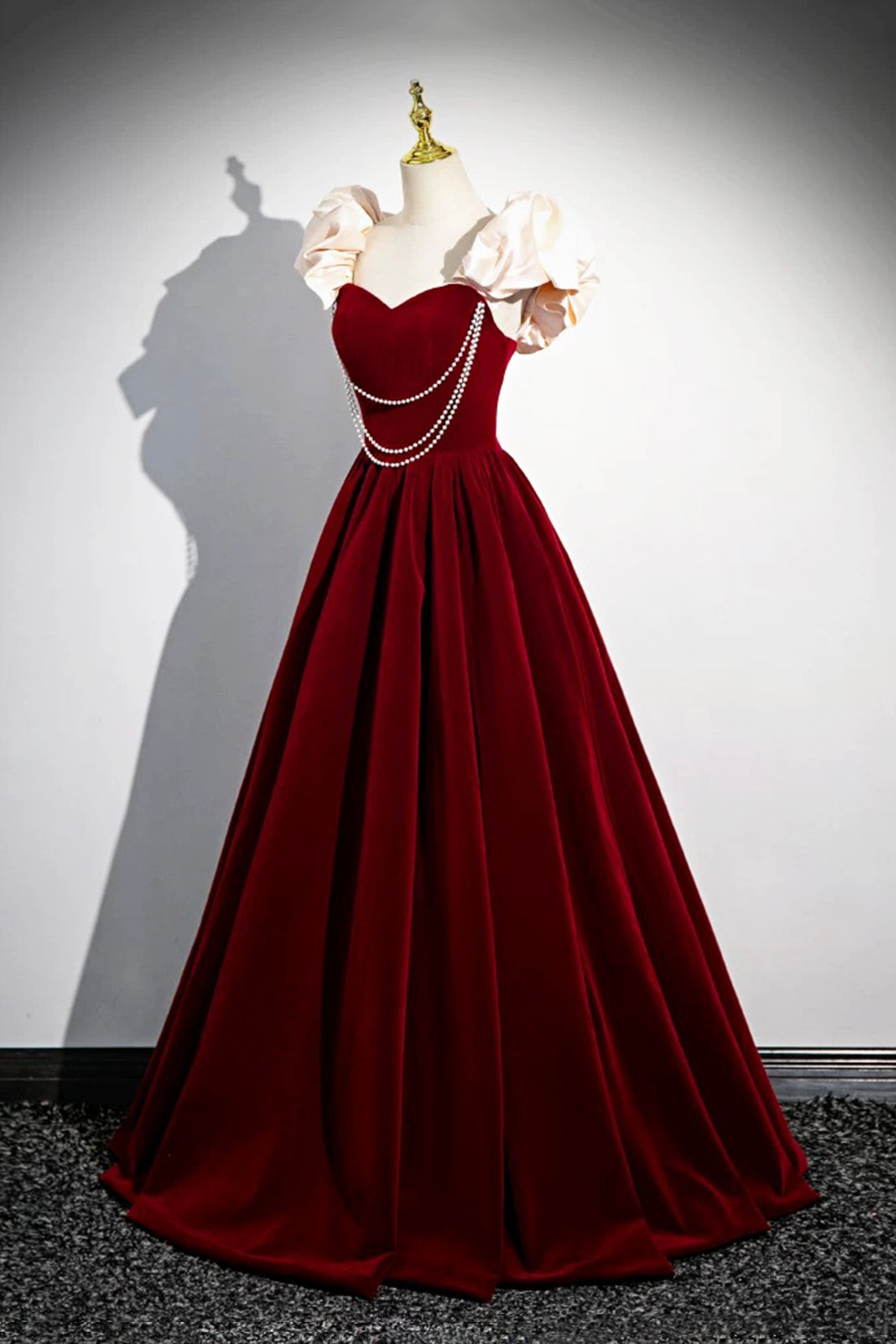 A-Line Velvet Floor Length Prom Dress, Burgundy Off the Shoulder Evening Party Dress