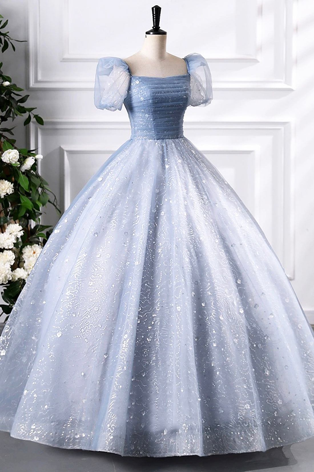 Blue Tulle Sequins Floor Length Prom Dress, Elegant Short Sleeve Evening Party Dress