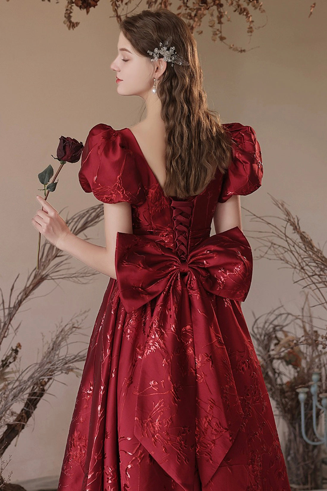 Burgundy Tea Length A-Line Prom Dress, Lovely Short Sleeve Party Dress