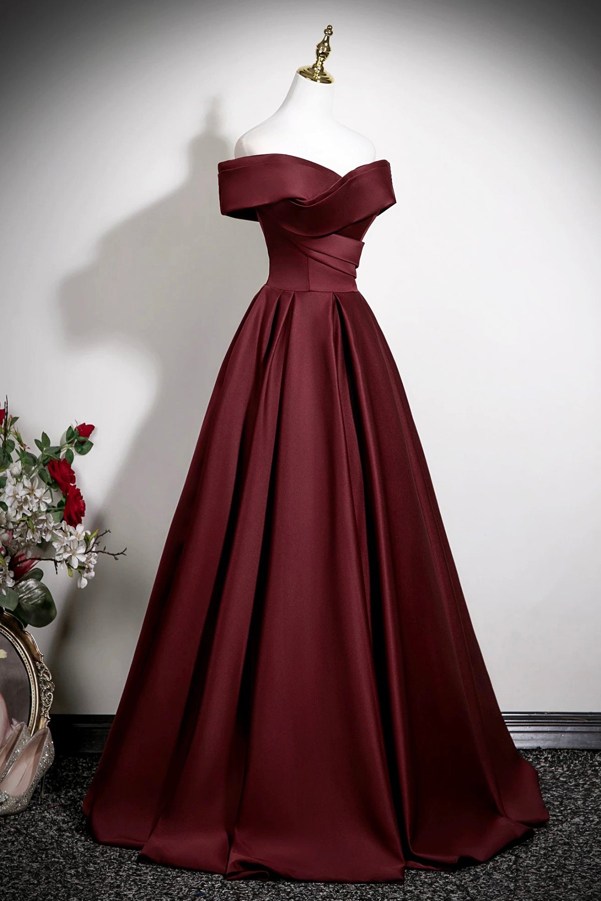 Burgundy Satin Long Prom Dress, Elegant A-Line Evening Party Dress