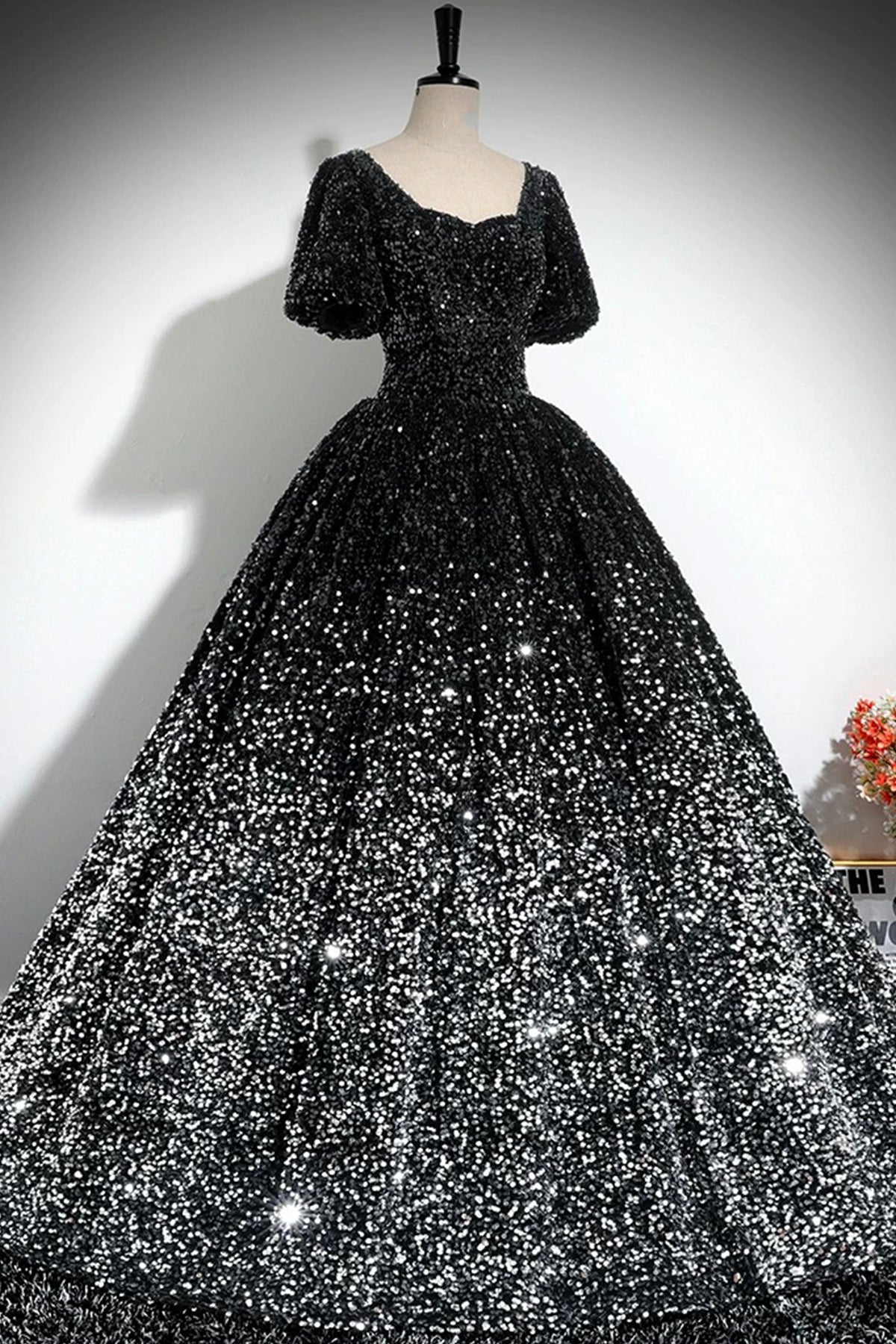 Sparkle A-Line Prom Dress, Black and Silver Ombre Sequins Evening Dress