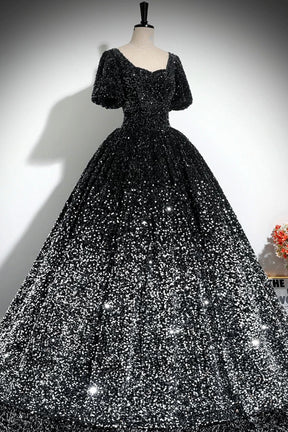 Sparkle A-Line Prom Dress, Black and Silver Ombre Sequins Evening Dress