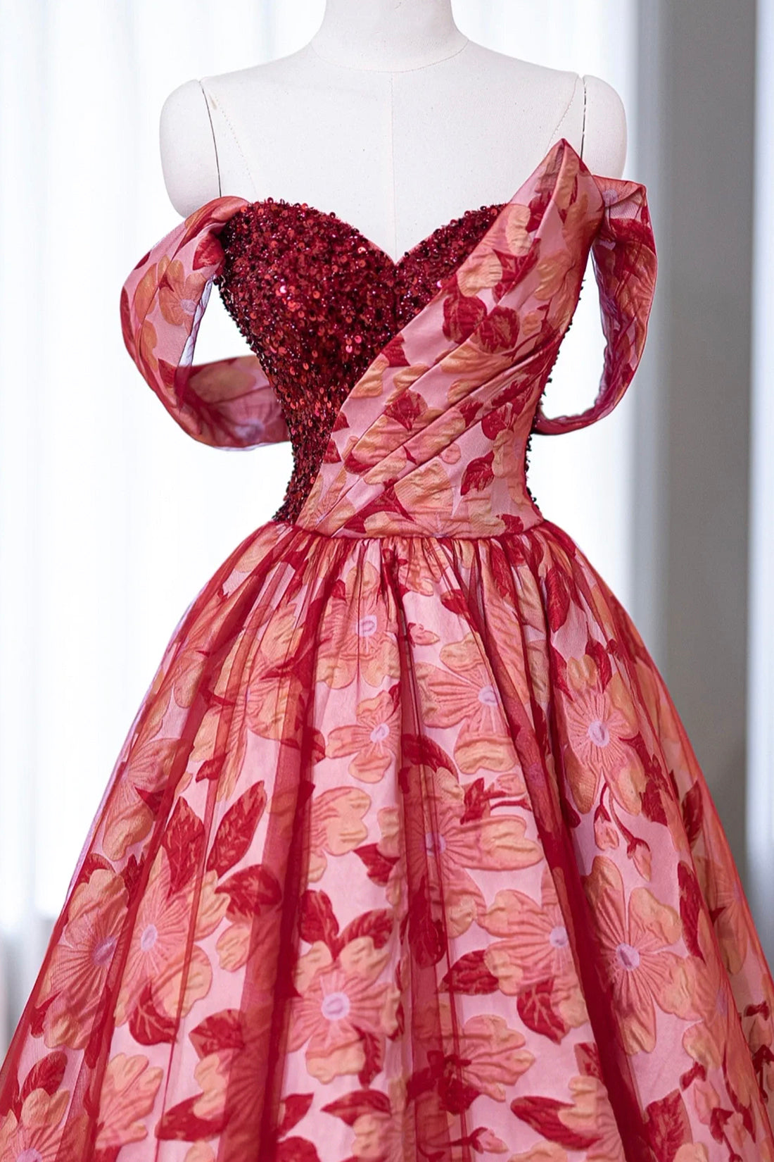 Burgundy Sequins Printing Floor Length Prom Dress, Off the Shoulder Evening Party Dress
