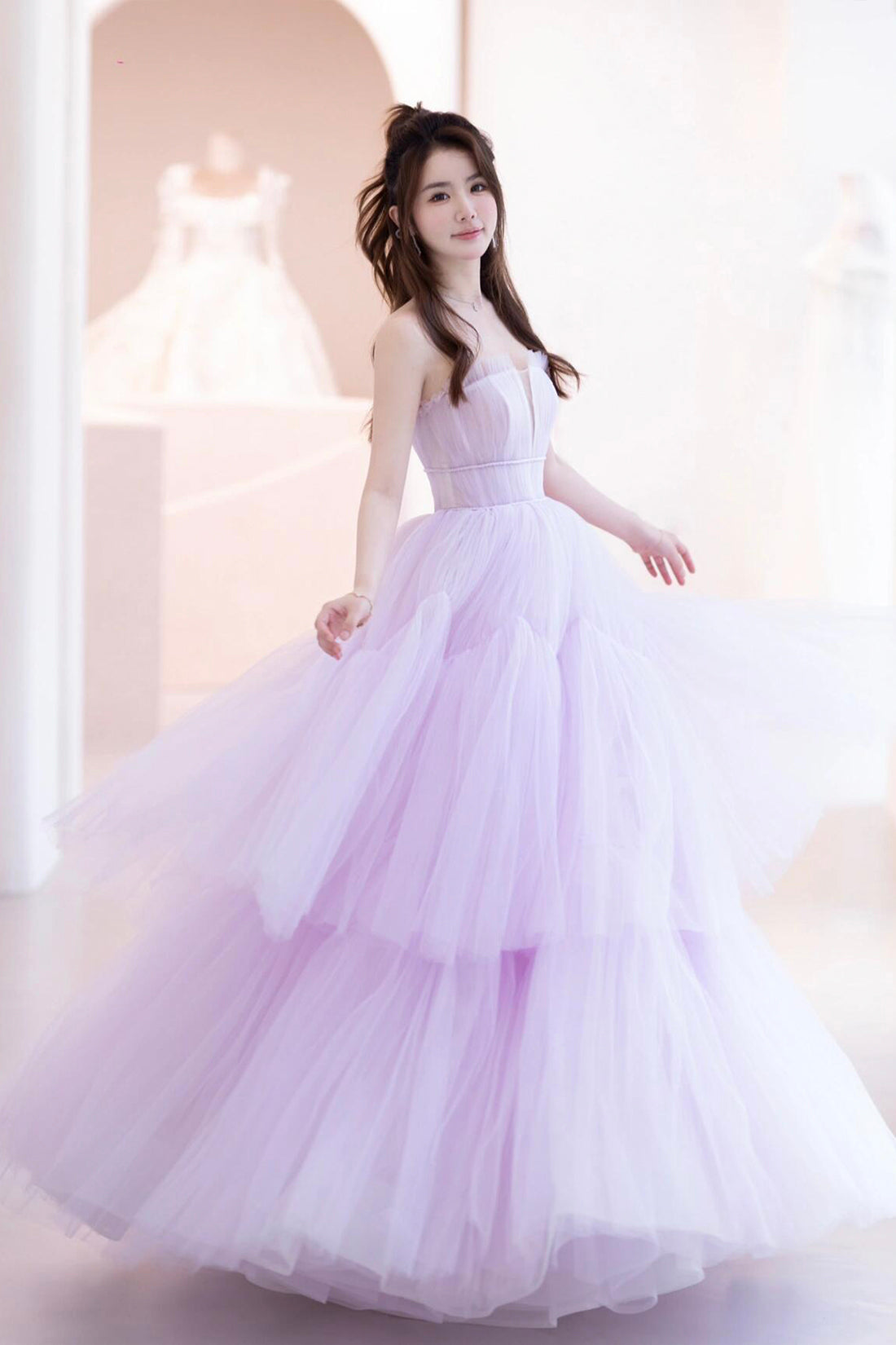 Purple Tulle Long A-Line Formal Dress, A-Line Strapless Evening Party Dress