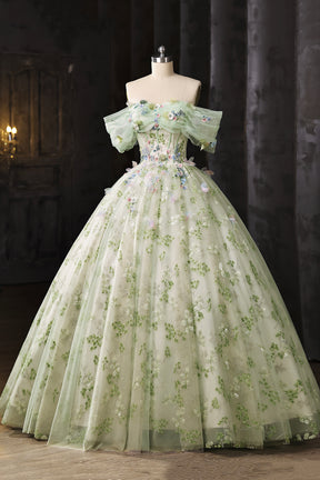 Light Green Floral Long A-Line Prom Dress Off Shoulder Princess Ball Gown