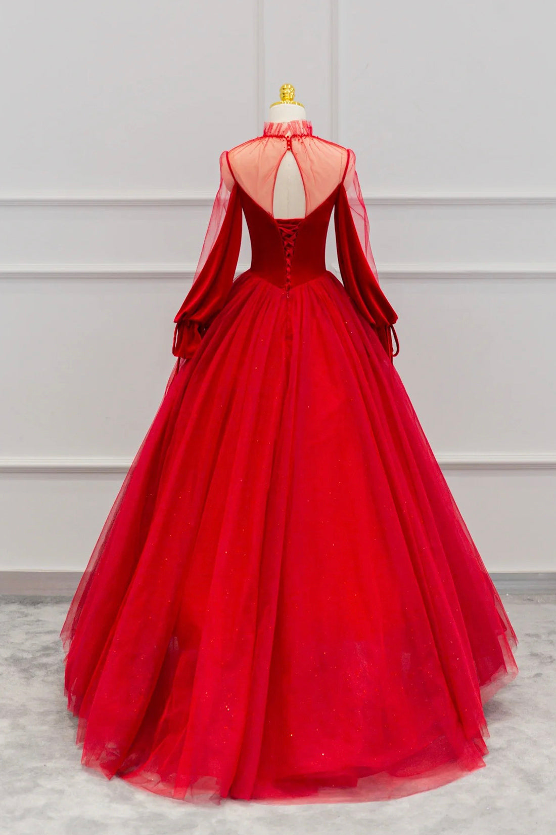 Red Velvet and Tulle Floor Length Prom Dress, Long Sleeve Beautiful A-