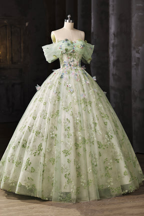 Light Green Floral Long A-Line Prom Dress Off Shoulder Princess Ball Gown