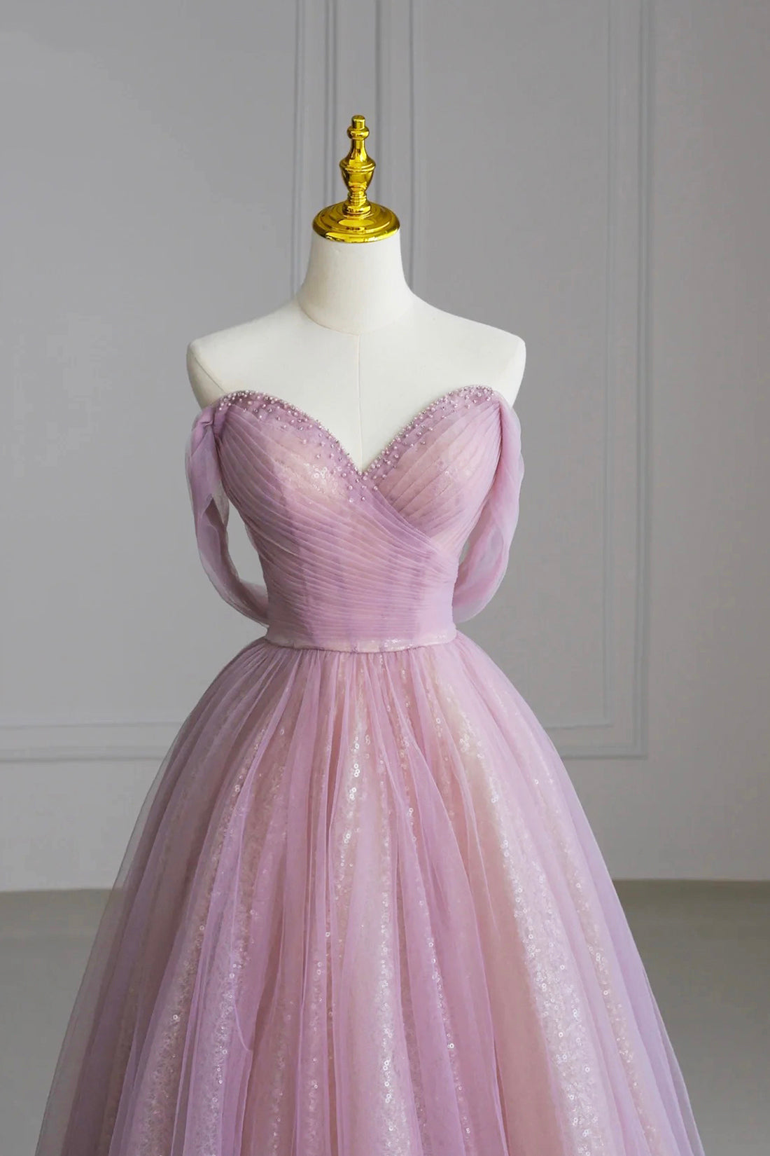 Pink Off the Shoulder Tulle Sequins Evening Prom Dress, Beautiful A-Line Party Dress