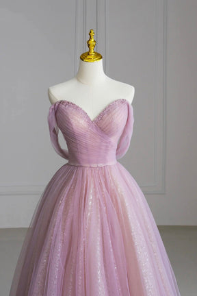 Pink Off the Shoulder Tulle Sequins Evening Prom Dress, Beautiful A-Line Party Dress