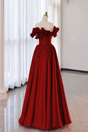 Burgundy Strapless Satin Long Prom Dress, A-Line Evening Party Dress