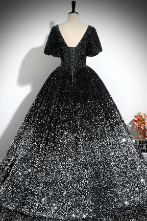 Sparkle A-Line Prom Dress, Black and Silver Ombre Sequins Evening Dress