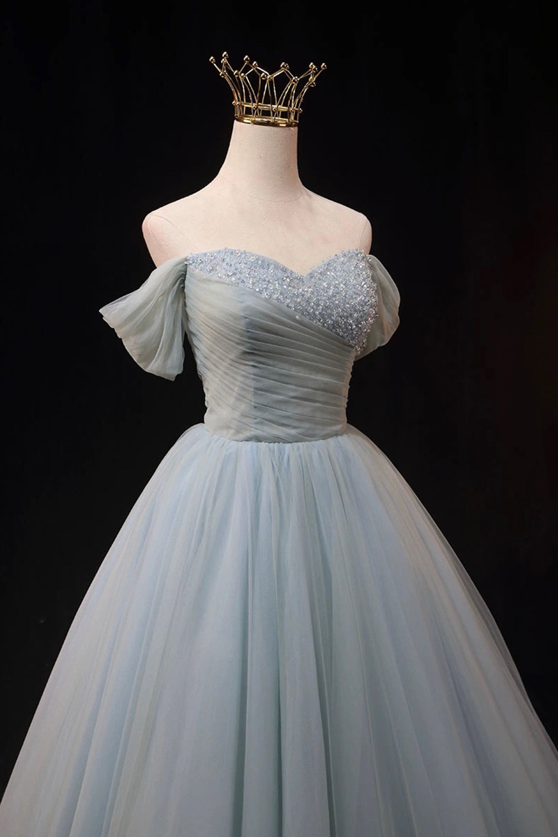 Dusty Blue Tulle Beaded Floor Length Formal Dress, Off the Shoulder A-