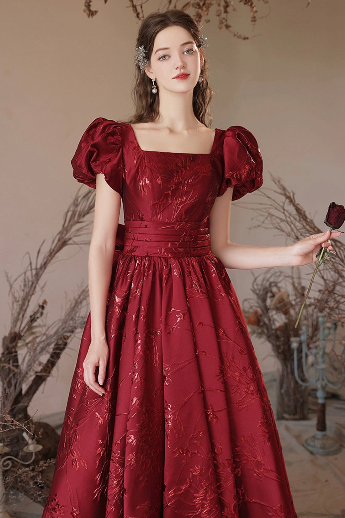 Burgundy Tea Length A-Line Prom Dress, Lovely Short Sleeve Party Dress Burgundy Tea Length A-Line Prom Dress, Lovely Short Sleeve Party Dress