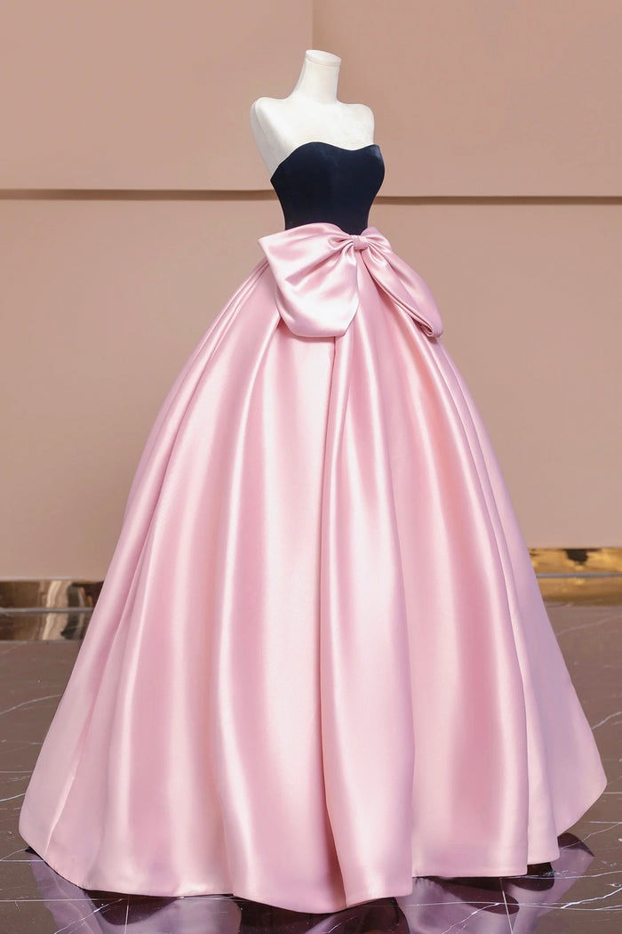 Black Velvet and Pink Satin Long Prom Dress with Bow, Beautiful A-Line