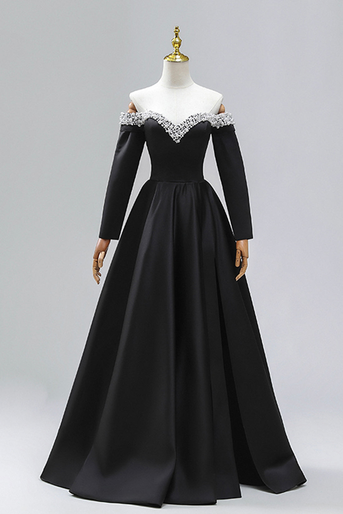 Black Off the Shoulder Pearls Long Sleeve Prom Dress, A-Line Evening P Black Off the Shoulder Pearls Long Sleeve Prom Dress, A-Line Evening P
