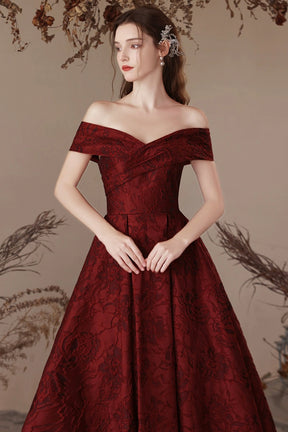 Burgundy Satin Long Prom Dress, Beautiful A-Line Off the Shoulder Evening Party Dress