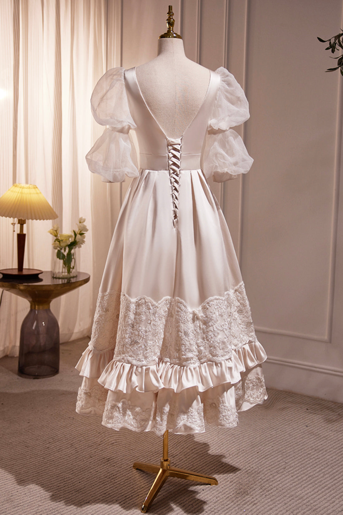 Retro Scoop Neck Lace Tea-length Prom Dress, A-Line Puffy Short Sleeve Retro Scoop Neck Lace Tea-length Prom Dress, A-Line Puffy Short Sleeve
