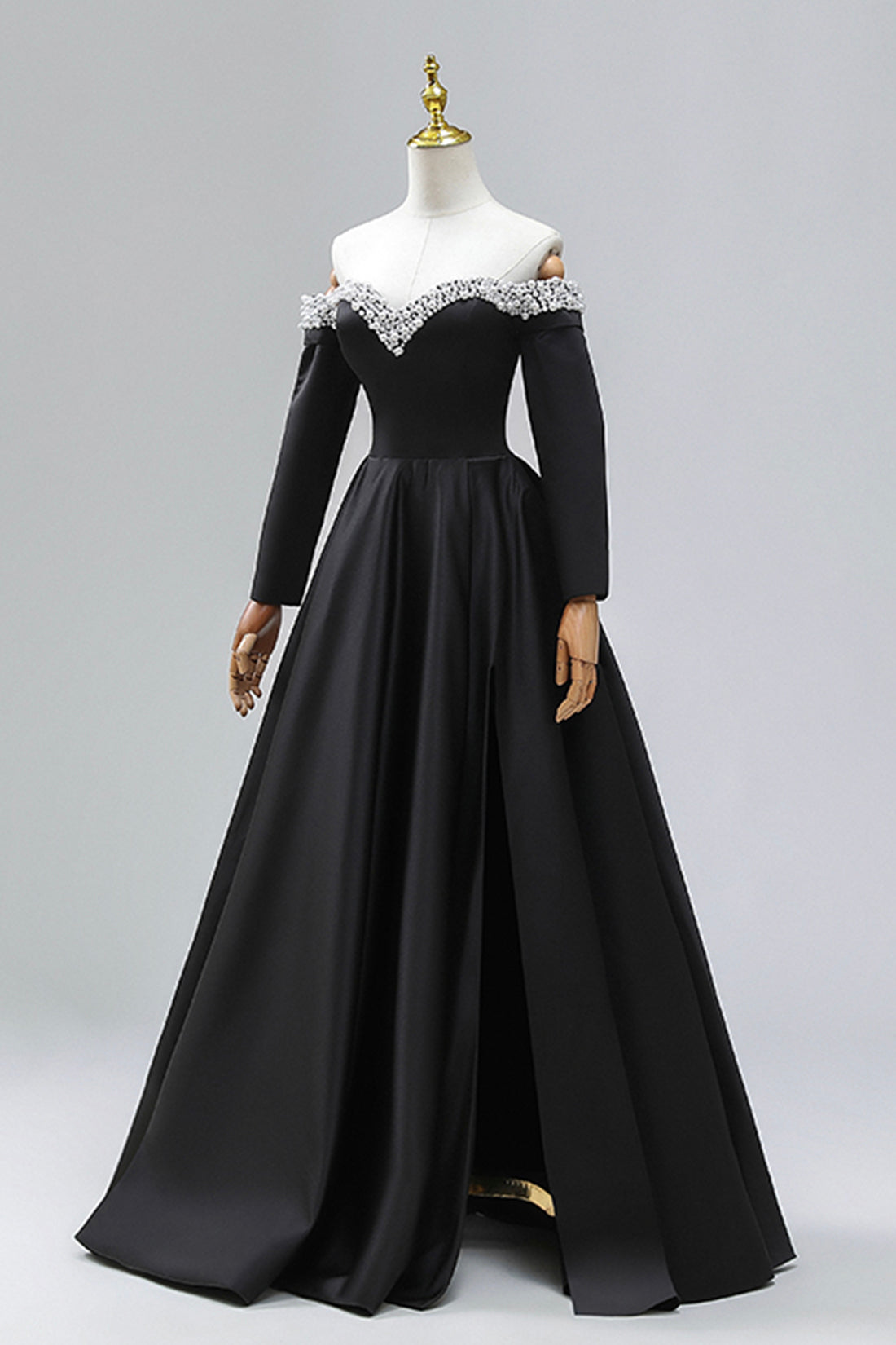 Black Off the Shoulder Pearls Long Sleeve Prom Dress, A-Line Evening P Black Off the Shoulder Pearls Long Sleeve Prom Dress, A-Line Evening P