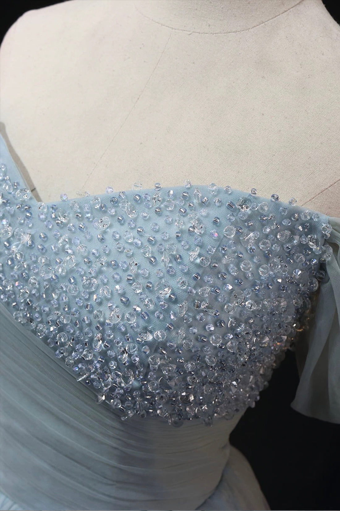 Dusty Blue Tulle Beaded Floor Length Formal Dress, Off the Shoulder A- Dusty Blue Tulle Beaded Floor Length Formal Dress, Off the Shoulder A-