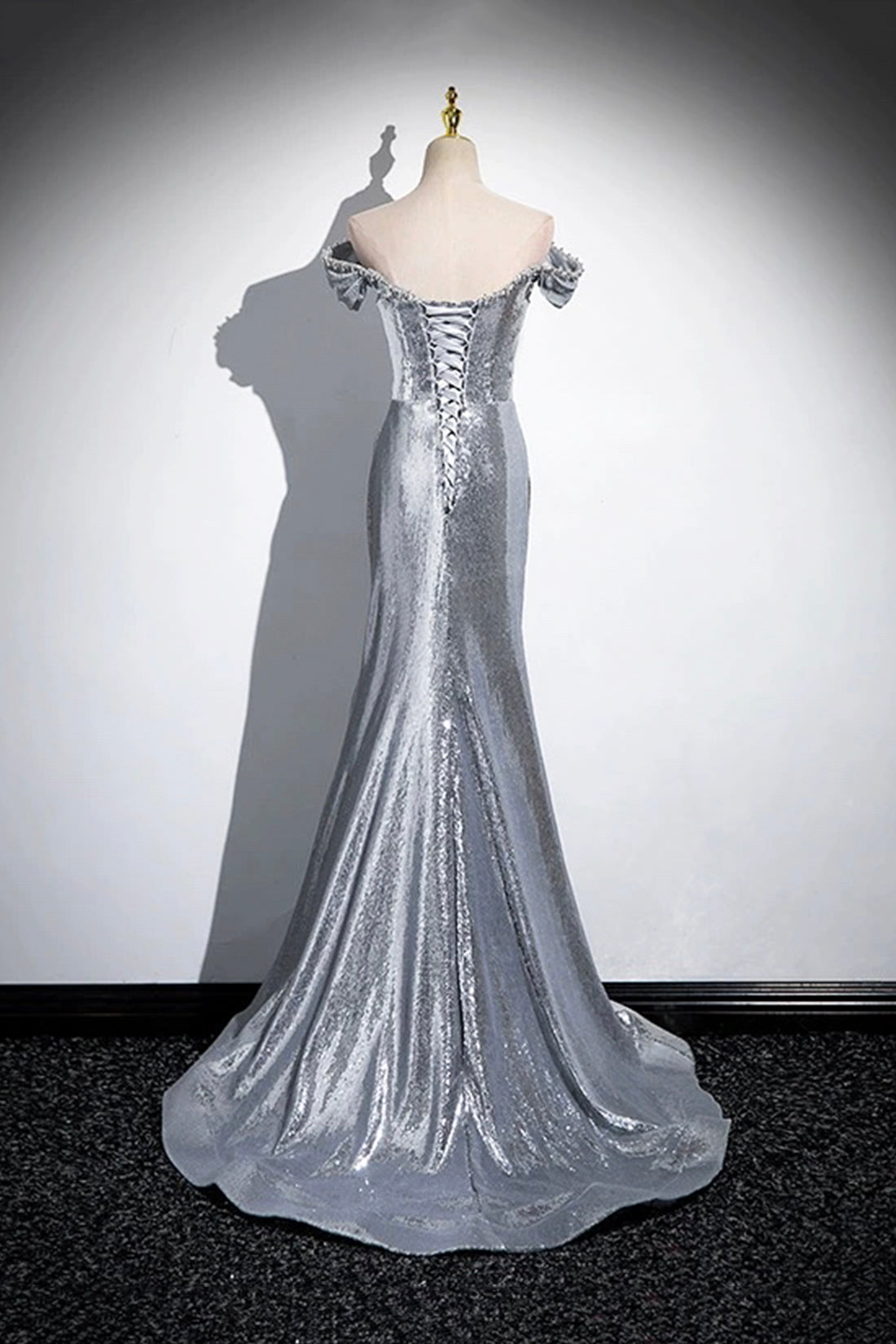 Silver Sequins Long Prom Dress, Mermaid Off the Shoulder Evening Party Dress