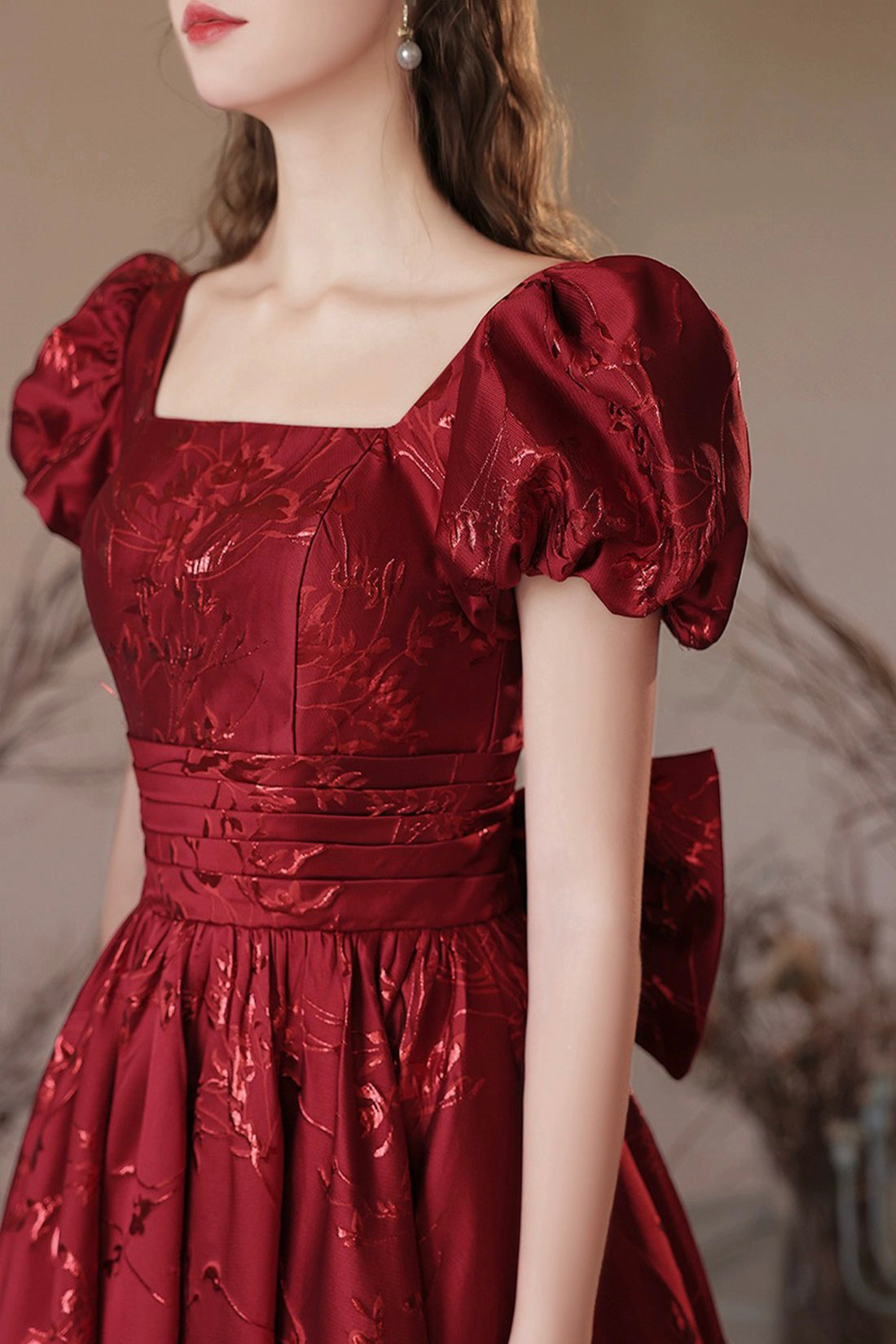 Burgundy Tea Length A-Line Prom Dress, Lovely Short Sleeve Party Dress Burgundy Tea Length A-Line Prom Dress, Lovely Short Sleeve Party Dress