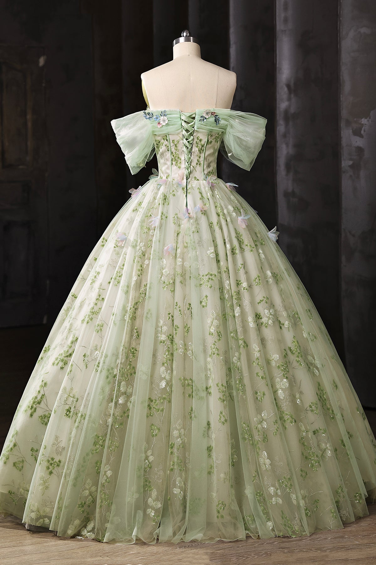 Light Green Floral Long A-Line Prom Dress Off Shoulder Princess Ball Gown