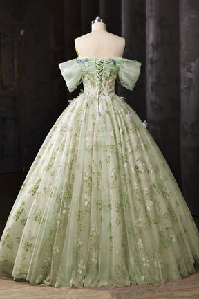 Light Green Floral Long A-Line Prom Dress Off Shoulder Princess Ball Gown