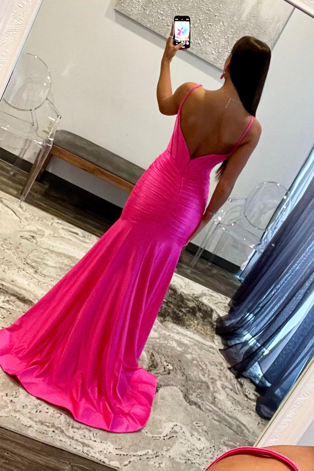 Hellymoon Women Hot Pink Spaghetti Straps Satin Mermaid Corset Prom Dress  with Slit