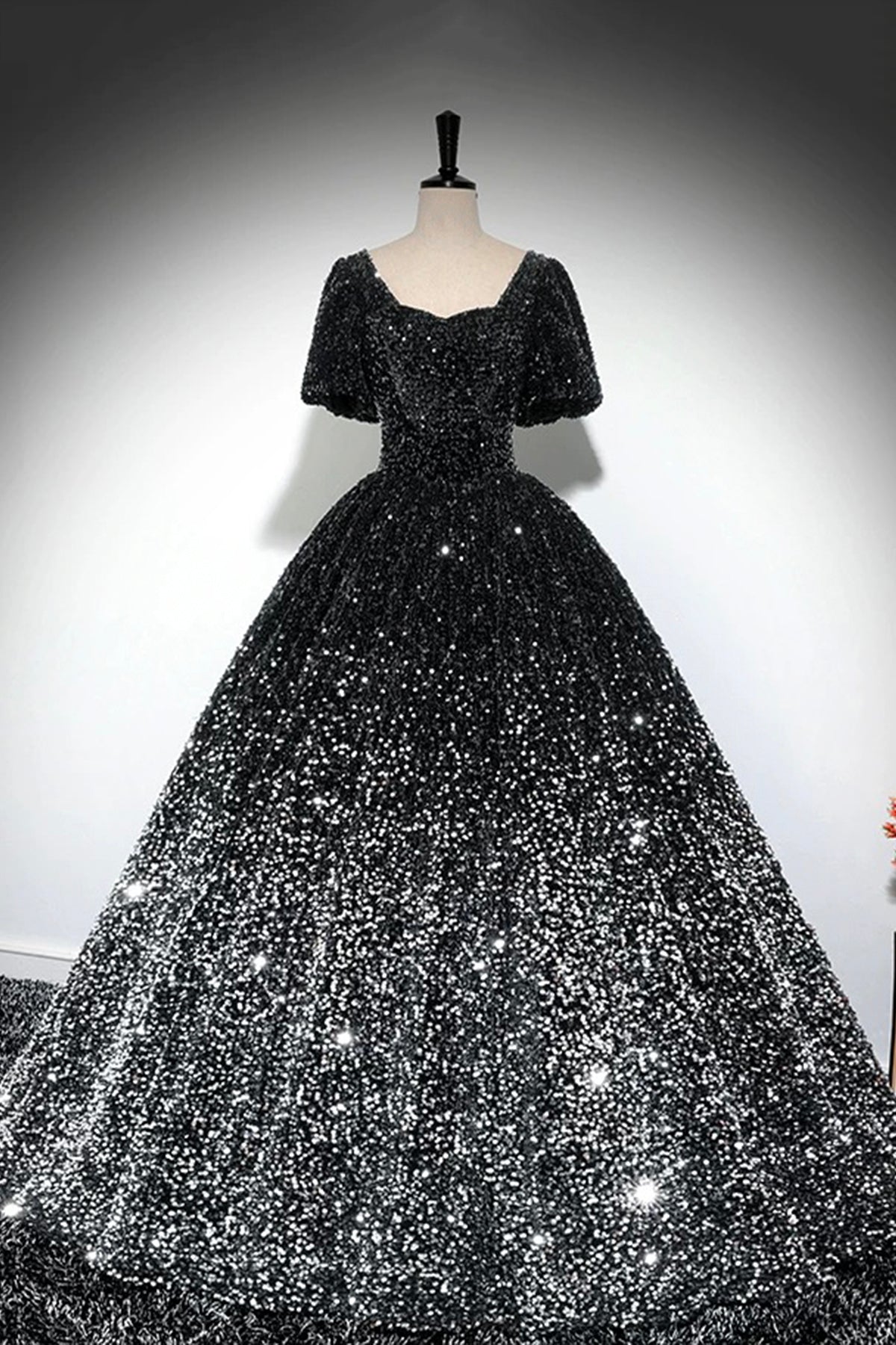 Sparkle A-Line Prom Dress, Black and Silver Ombre Sequins Evening Dress