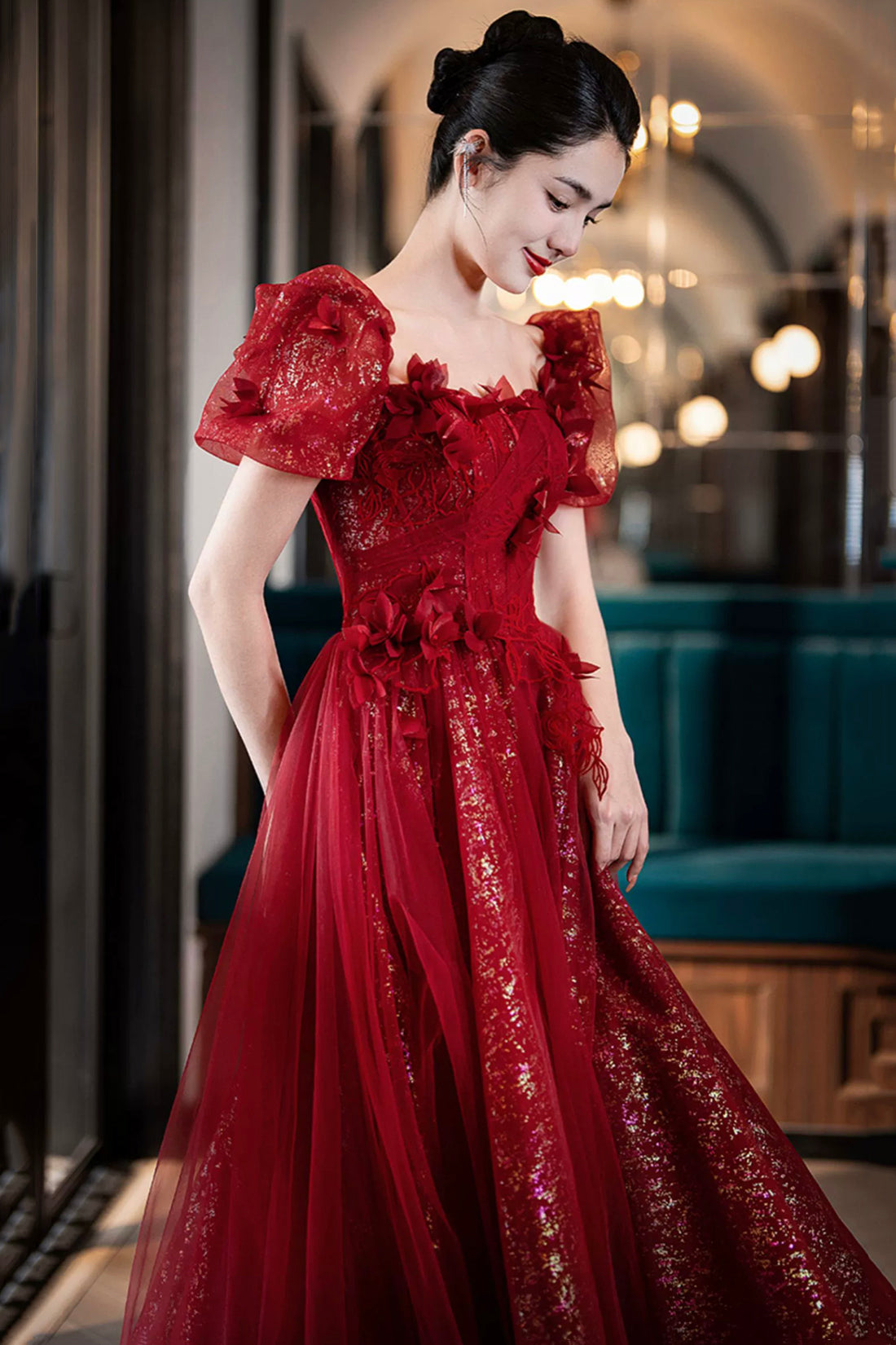 Beautiful Tulle Off the Shoulder Floor Length Prom Dress, Dark Red Sho Beautiful Tulle Off the Shoulder Floor Length Prom Dress, Dark Red Sho