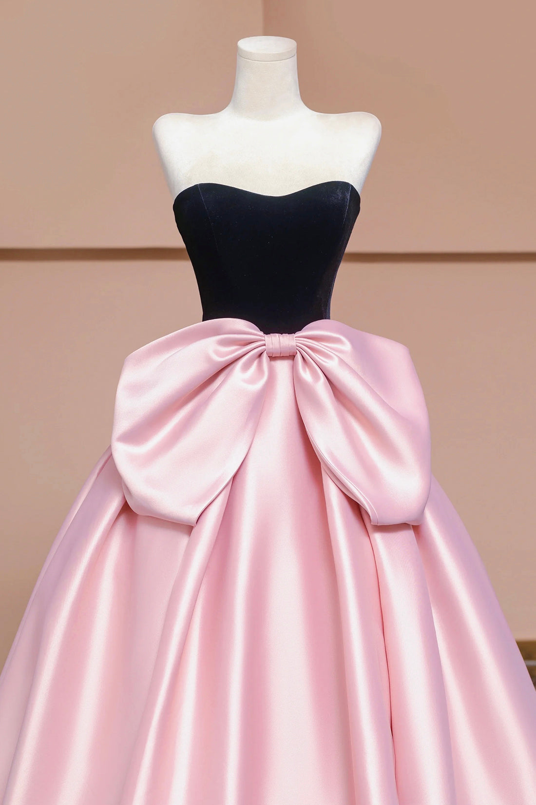 Black Velvet and Pink Satin Long Prom Dress with Bow, Beautiful A-Line Strapless Formal Party Dress