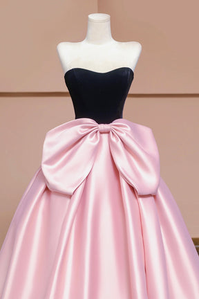 Black Velvet and Pink Satin Long Prom Dress with Bow, Beautiful A-Line