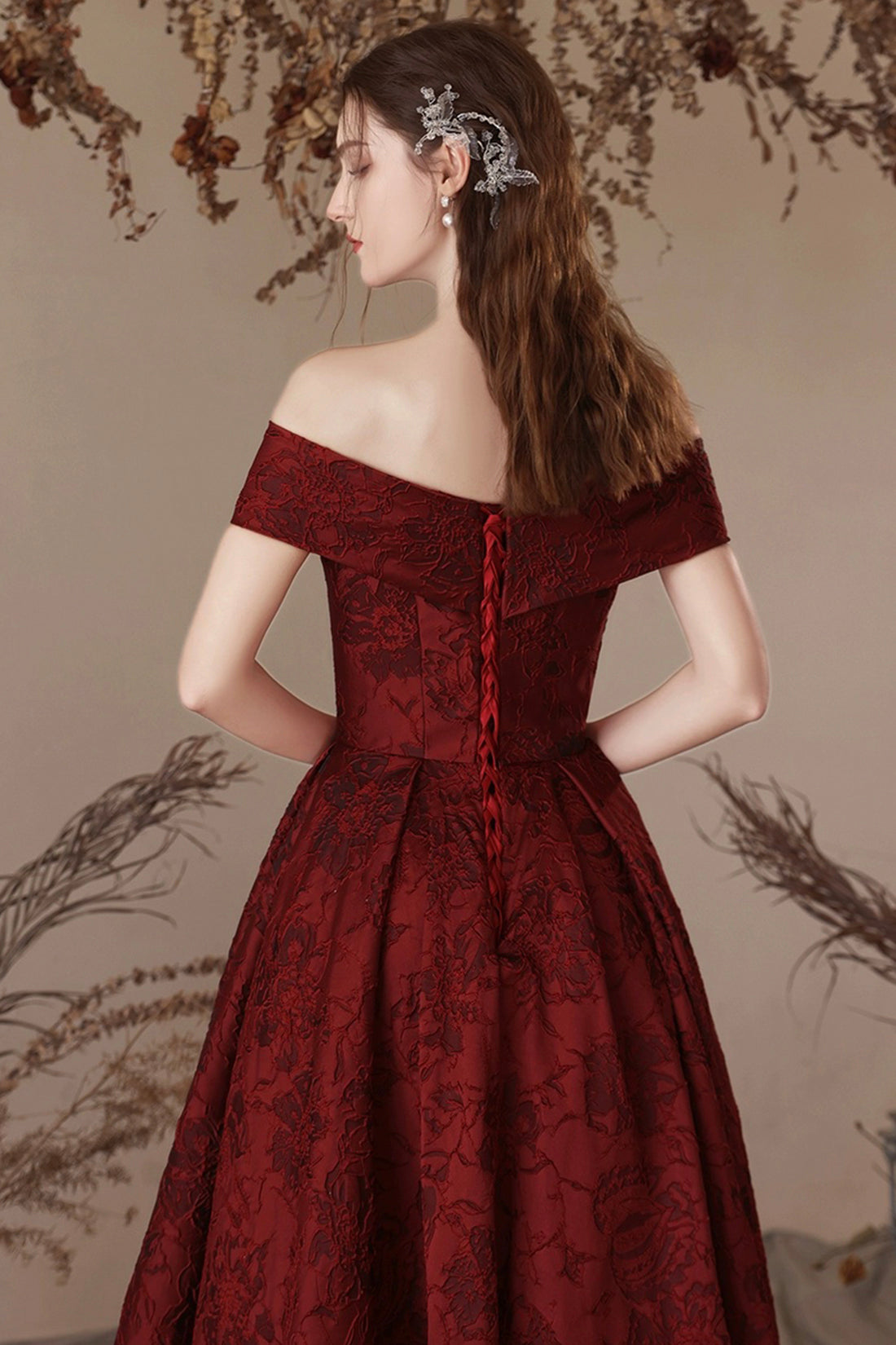 Burgundy Satin Long Prom Dress, Beautiful A-Line Off the Shoulder Evening Party Dress