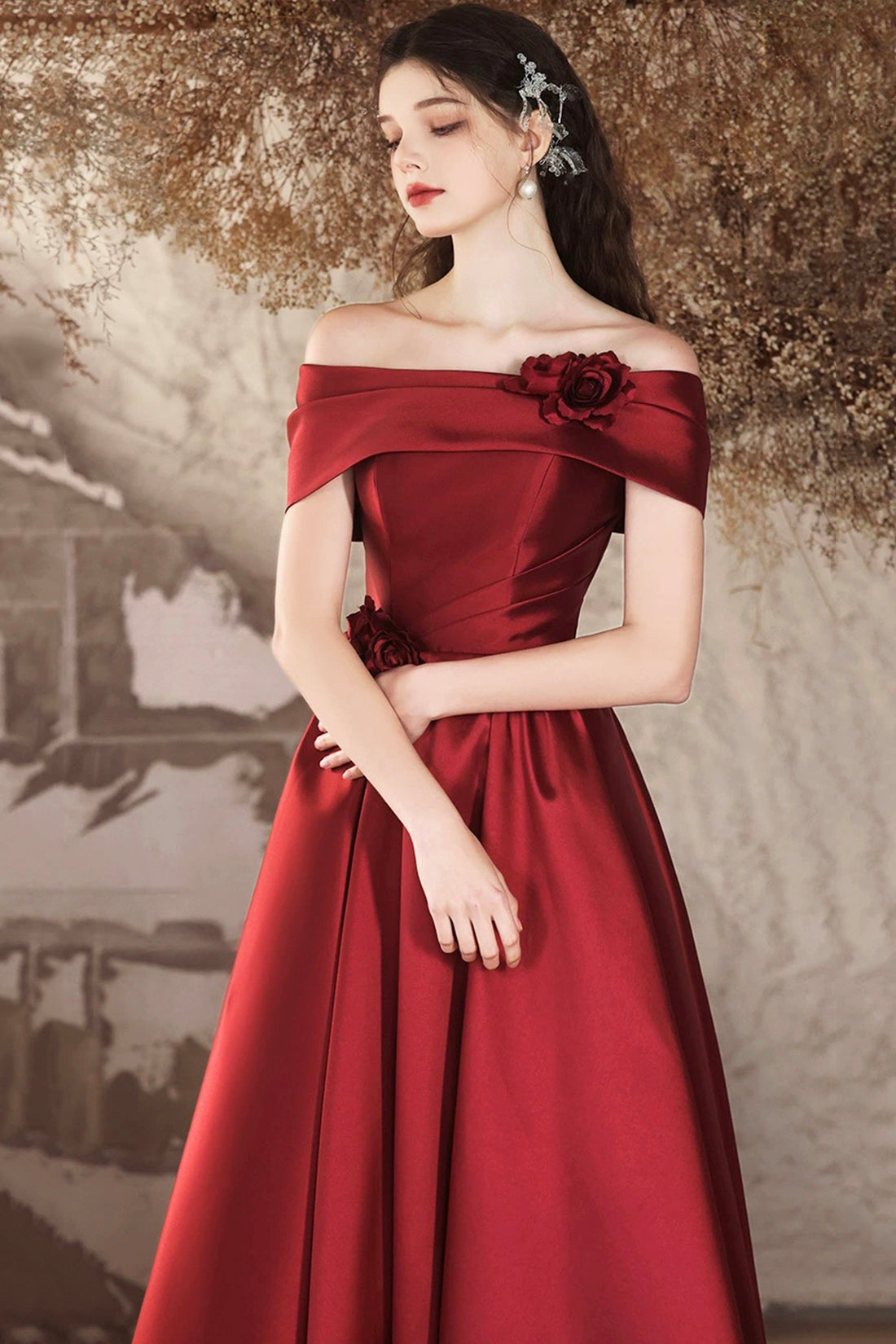 Burgundy Satin Long A-Line Prom Dress, Off the Shoulder Evening Party Dress