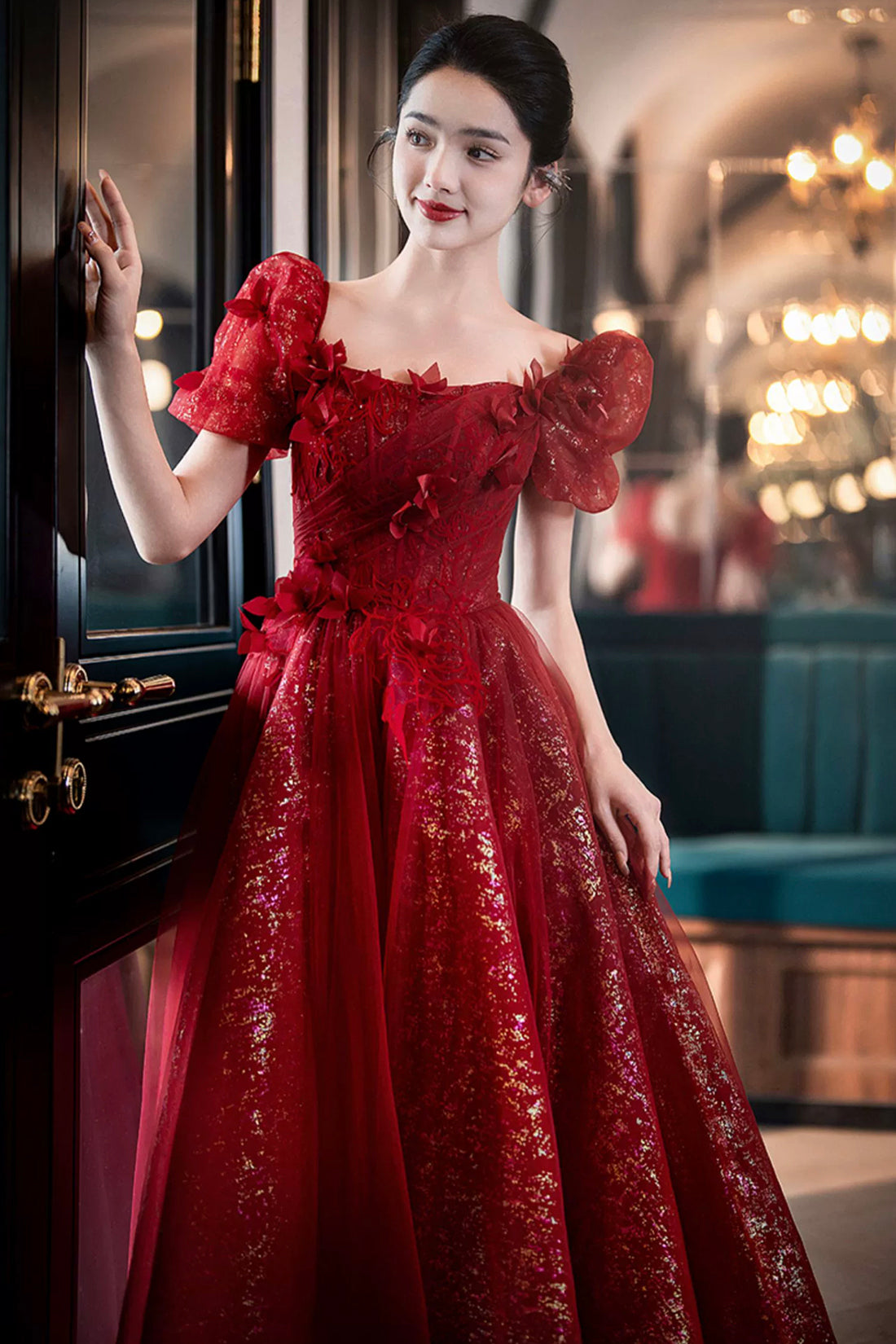 Beautiful Tulle Off the Shoulder Floor Length Prom Dress, Dark Red Sho Beautiful Tulle Off the Shoulder Floor Length Prom Dress, Dark Red Sho