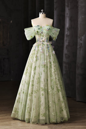 Light Green Floral Long A-Line Prom Dress Off Shoulder Princess Ball Gown