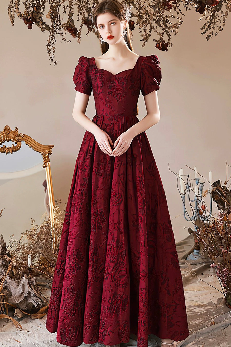 Burgundy Satin Floor Length Prom Dress, A-Line Short Sleeve Evening Pa