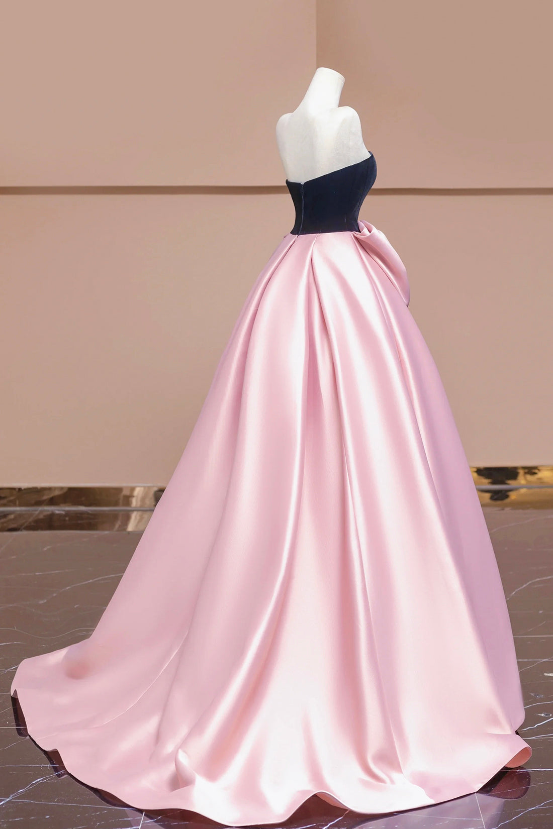Black Velvet and Pink Satin Long Prom Dress with Bow, Beautiful A-Line