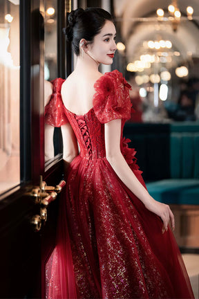 Beautiful Tulle Off the Shoulder Floor Length Prom Dress, Dark Red Short Sleeve Evening Dress