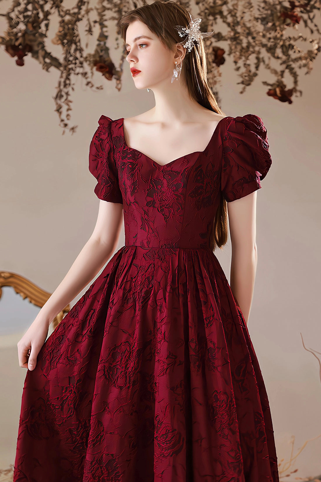 Burgundy Satin Floor Length Prom Dress, A-Line Short Sleeve Evening Party Dress